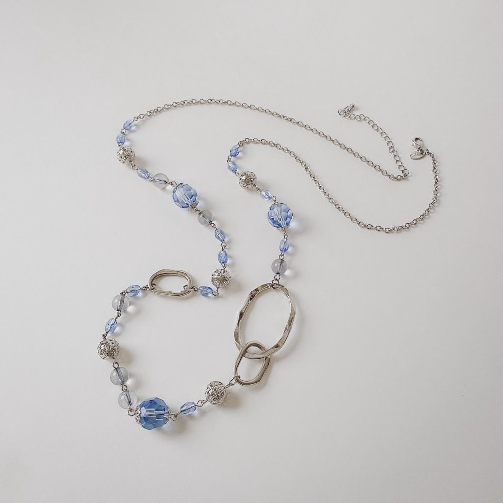 Lia Sophia Pastel Blue Beaded Long Asymmetrical Hoop Silver Chain Necklace
